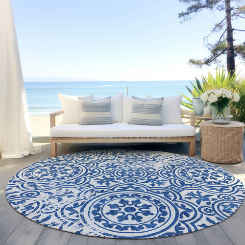 8' Navy Blue And Ivory Round Medallion Washable Indoor Outdoor Area Rug