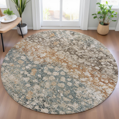 8' Beige And Copper Round Abstract Washable Indoor Outdoor Area Rug - Beige, Copper