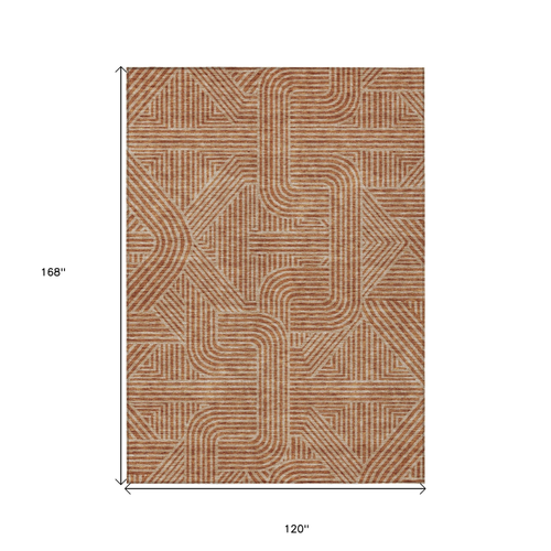 10' X 14' Terra Cotta And Brown Abstract Washable Indoor Outdoor Area Rug