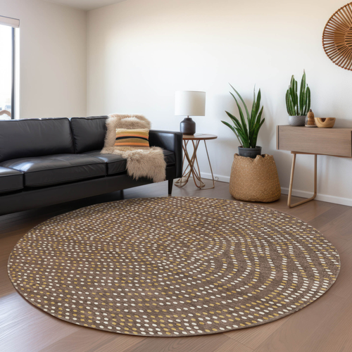8' Brown Gold And Ivory Round Polka Dot Washable Indoor Outdoor Area Rug