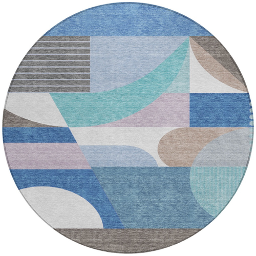 8' Sky Blue Teal Blue And Brown Round Geometric Washable Indoor Outdoor Area Rug