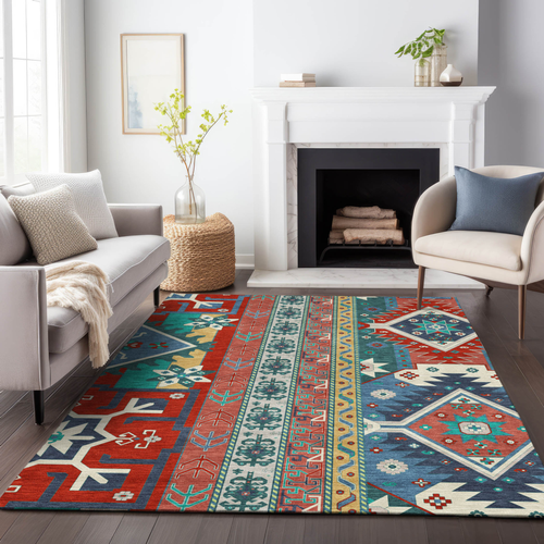 10' X 14' Red Pink And Teal Blue Aztec Washable Indoor Outdoor Area Rug