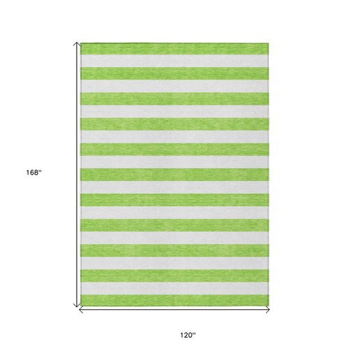 10' X 14' Green and White Striped Washable Non Skid Indoor Outdoor Area Rug