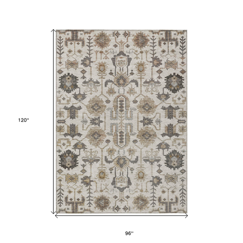 8' X 10' Ivory Beige And Taupe Oriental Washable Indoor Outdoor Area Rug