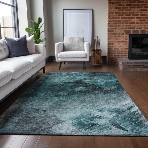8' X 10' Teal Blue Aqua And Gray Abstract Washable Indoor Outdoor Area Rug - Teal Blue, Aqua, Gray