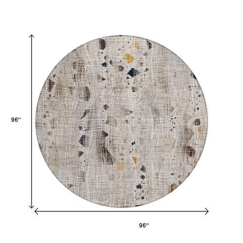 8' Linen And Gold Round Abstract Washable Indoor Outdoor Area Rug