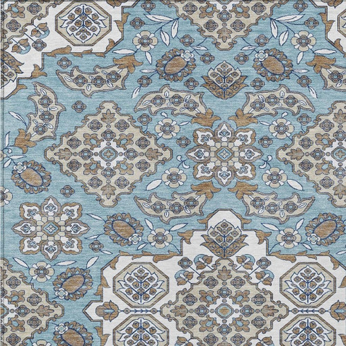 10' X 14' Sky Blue Taupe And Ivory Medallion Washable Indoor Outdoor Area Rug