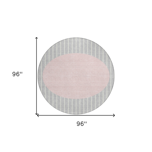 8' Silver And Pink Round Striped Washable Indoor Outdoor Area Rug