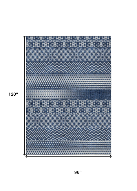 8' X 10' Navy Blue And Ivory Chevron Washable Indoor Outdoor Area Rug