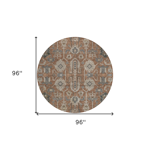 8' Brown Gray And Charcoal Round Oriental Washable Indoor Outdoor Area Rug