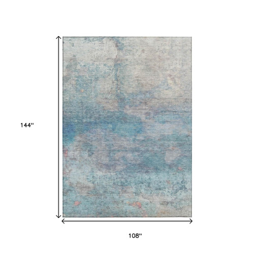 9' X 12' Aqua And Beige Abstract Washable Indoor Outdoor Area Rug - Aqua, Beige