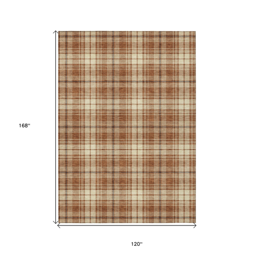 10' X 14' Brown Black And Beige Plaid Washable Indoor Outdoor Area Rug