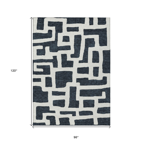 8' X 10' Black And Ivory Abstract Washable Indoor Outdoor Area Rug