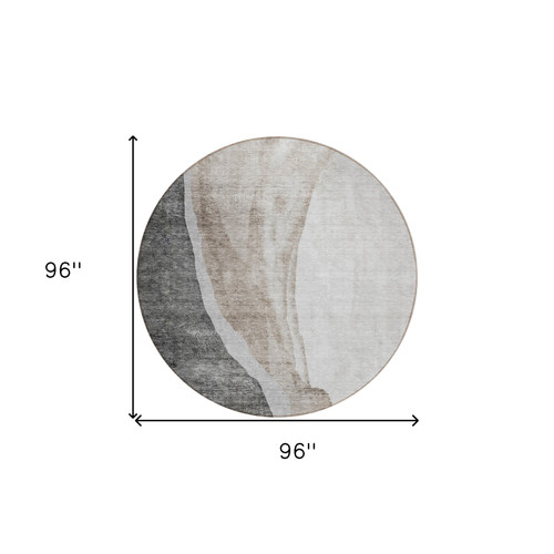 8' Charcoal Gray And Taupe Round Abstract Washable Indoor Outdoor Area Rug