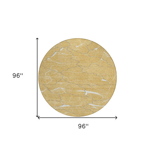 8' Gold Charcoal And Ivory Round Abstract Washable Indoor Outdoor Area Rug
