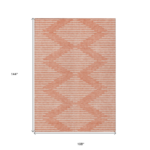 9' X 12' Salmon And Ivory Geometric Washable Indoor Outdoor Area Rug