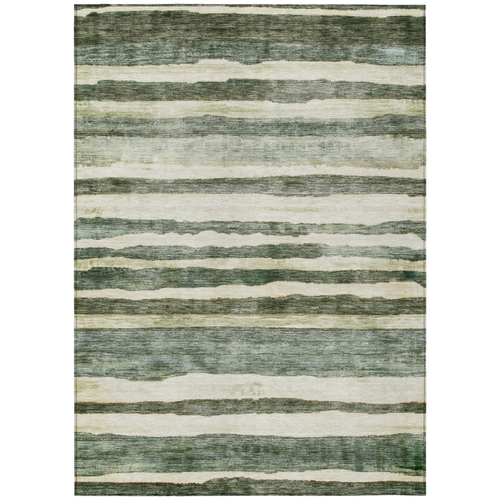 9' X 12' Sage And Beige Striped Washable Indoor Outdoor Area Rug