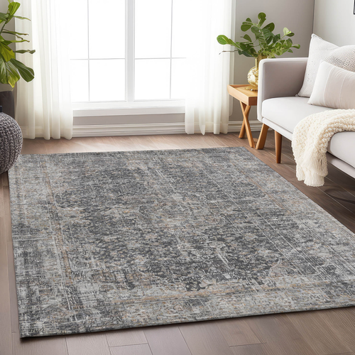 9' X 12' Charcoal And Silver Abstract Washable Indoor Outdoor Area Rug