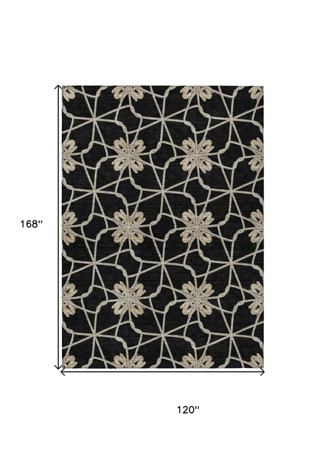 10' X 14' Black And Ivory Geometric Washable Indoor Outdoor Area Rug