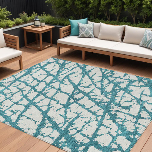 10' X 14' Teal Blue And Ivory Abstract Washable Indoor Outdoor Area Rug