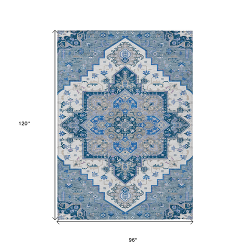 8' X 10' Blue Gray And Ivory Oriental Washable Indoor Outdoor Area Rug