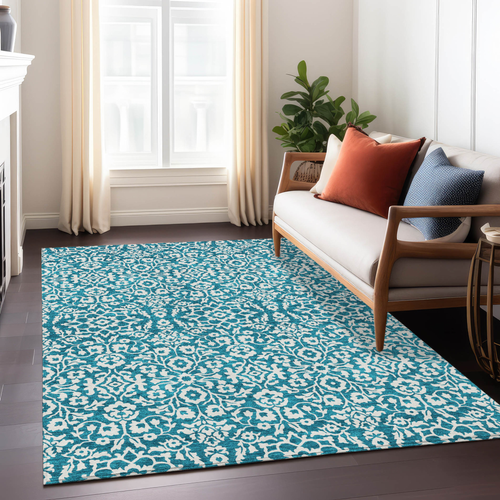 10' X 14' Teal Blue And Ivory Damask Washable Indoor Outdoor Area Rug
