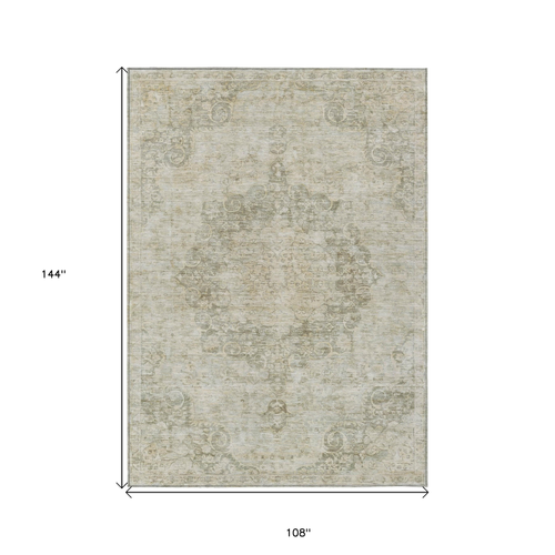 9' X 12' Sage Floral Medallion Washable Indoor Outdoor Area Rug