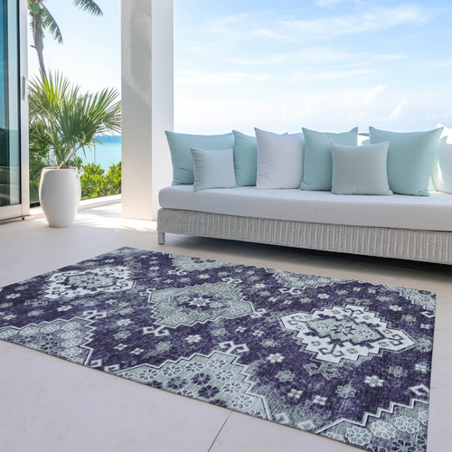 8' X 10' Purple Eggplant And Sage Medallion Washable Indoor Outdoor Area Rug