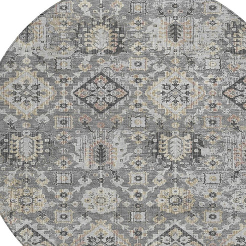 8' Gray And Copper Round Floral Medallion Washable Indoor Outdoor Area Rug