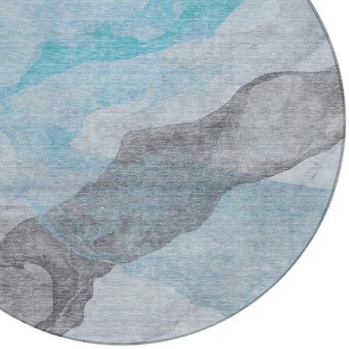 8' Teal Blue And Gray Round Abstract Washable Indoor Outdoor Area Rug - Teal Blue, Gray