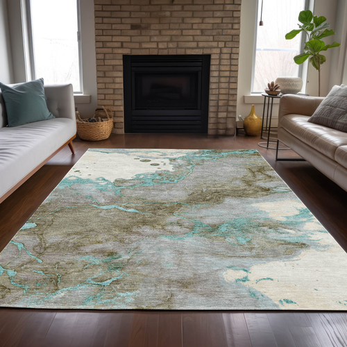 9' X 12' Teal Blue And Brown Abstract Washable Indoor Outdoor Area Rug