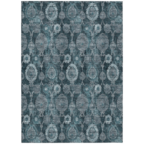 10' X 14' Teal Blue And Sky Blue Damask Washable Indoor Outdoor Area Rug