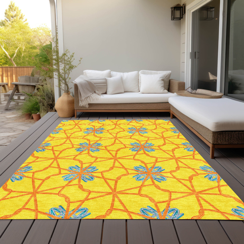 9' X 12' Yellow And Teal Blue Geometric Washable Indoor Outdoor Area Rug