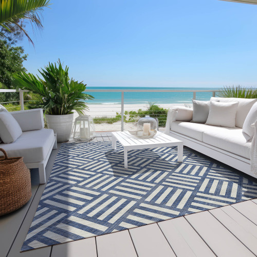 9' X 12' Navy Blue And Ivory Geometric Washable Indoor Outdoor Area Rug