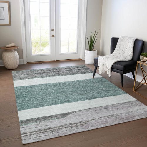 10' X 14' Teal Blue Off White And Gray Abstract Washable Indoor Outdoor Area Rug