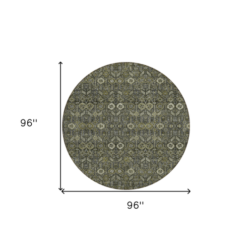 8' Round Moss Green and Gray Round Floral Washable Non Skid Indoor Outdoor Area Rug