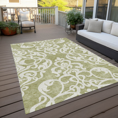 10' X 14' Sage And Ivory Damask Washable Indoor Outdoor Area Rug