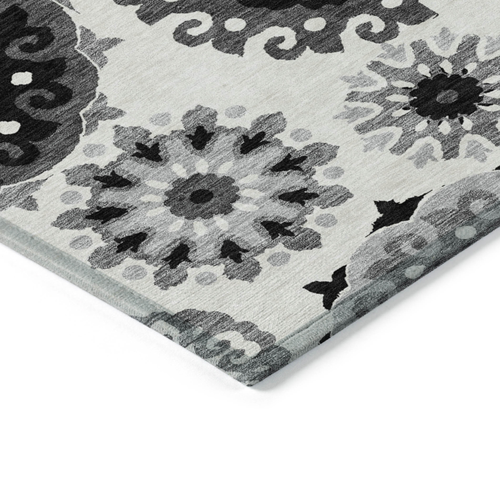 8' X 10' Black Gray And Silver Floral Medallion Washable Indoor Outdoor Area Rug