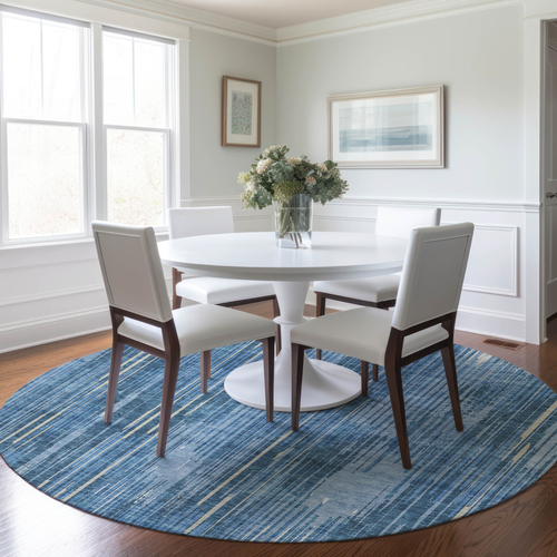8' Blue And Ivory Round Striped Washable Indoor Outdoor Area Rug