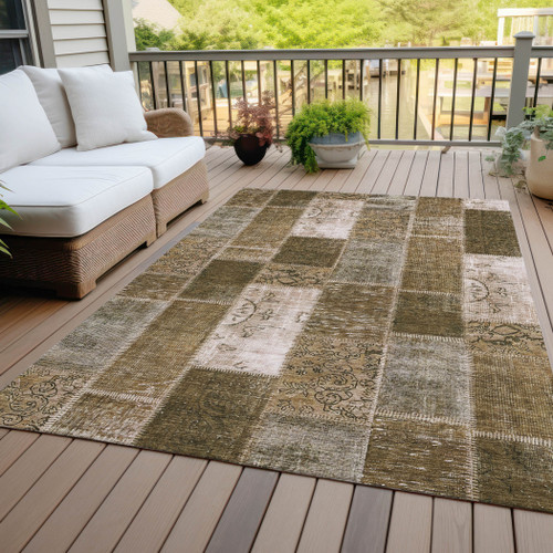 9' X 12' Brown And Ivory Patchwork Washable Indoor Outdoor Area Rug