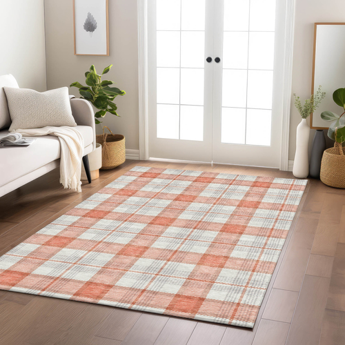 9' X 12' Coral And Beige Plaid Washable Indoor Outdoor Area Rug