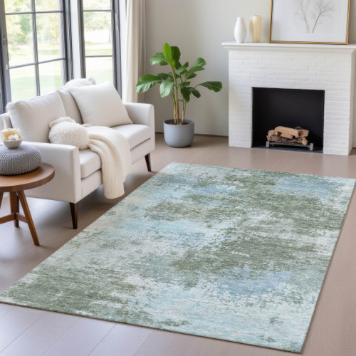 9' X 12' Sage And Denim Blue Abstract Washable Indoor Outdoor Area Rug