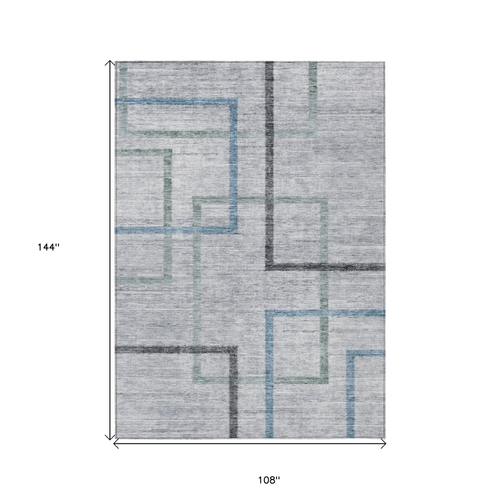 9' X 12' Gray Charcoal And Blue Geometric Washable Indoor Outdoor Area Rug