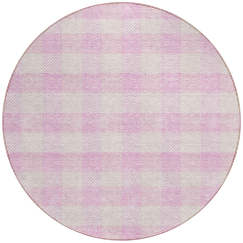 8' Pink And Gray Round Plaid Washable Indoor Outdoor Area Rug