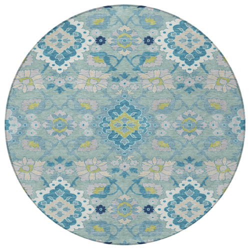 8' Teal Blue Green And Ivory Round Oriental Washable Indoor Outdoor Area Rug
