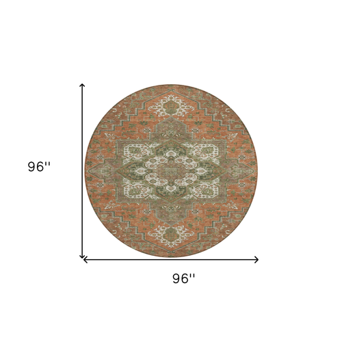 8' Rust Green And Brown Round Oriental Washable Indoor Outdoor Area Rug
