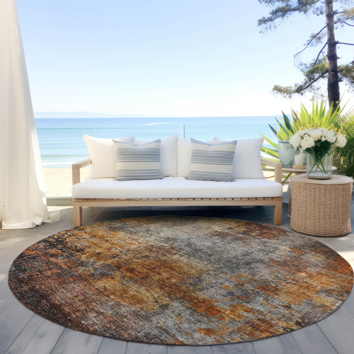 8' Copper Terra Cotta And Black Round Abstract Washable Indoor Outdoor Area Rug