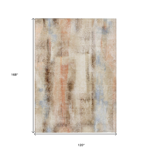 10' X 14' Beige and Brown Washable Non Skid Indoor Outdoor Area Rug