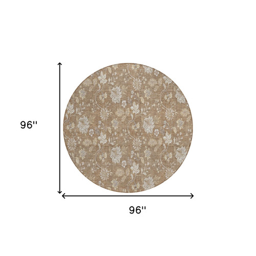8' Copper And Beige Round Floral Washable Indoor Outdoor Area Rug