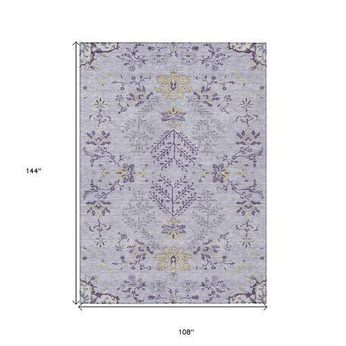 9' X 12' Lavender Purple And Gray Floral Washable Indoor Outdoor Area Rug